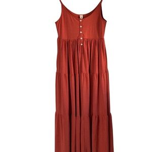 Kate Quinn Spaghetti Tie Strap Henley Prairie Dress Chill Pepper Orange-Red